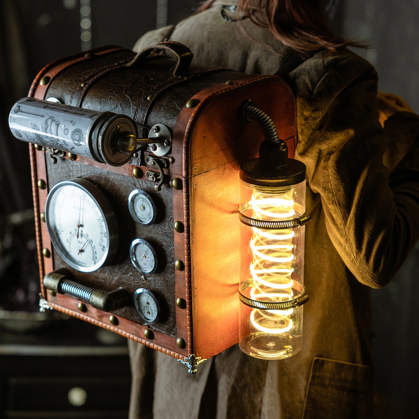 "Matchbox" Handcrafted Steampunk Backpack with Gauges & Lights