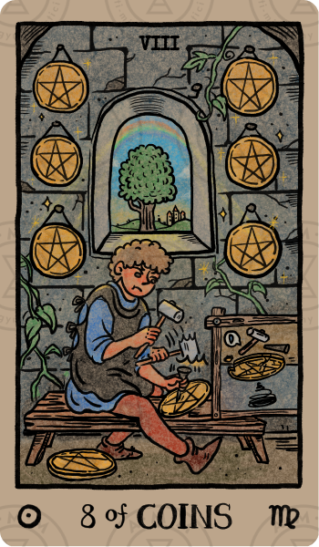Akashic Eye Tarot – Eight of Coins