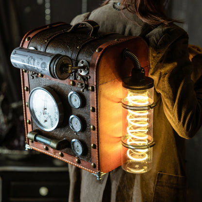 Steampunk Vintage Luggage Backpack | Dashboard Wooden Box Backpack