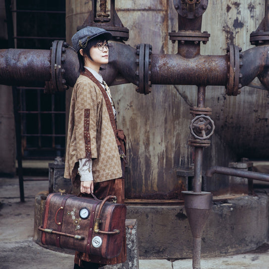 Steampunk vintage wooden travel suitcase