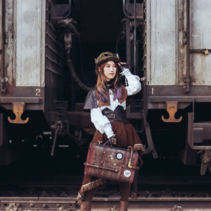 Steampunk vintage wooden travel suitcase