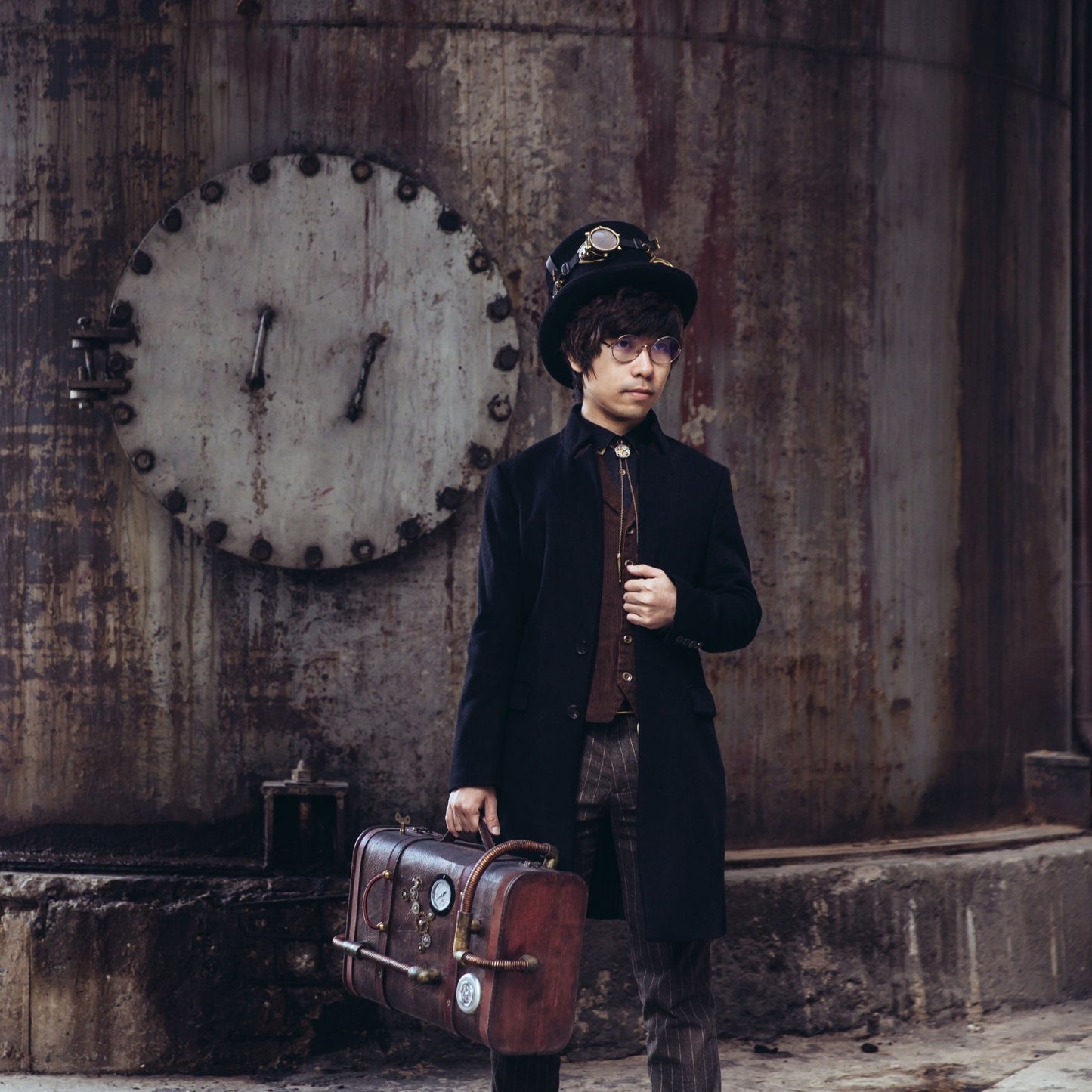 Steampunk vintage wooden travel suitcase