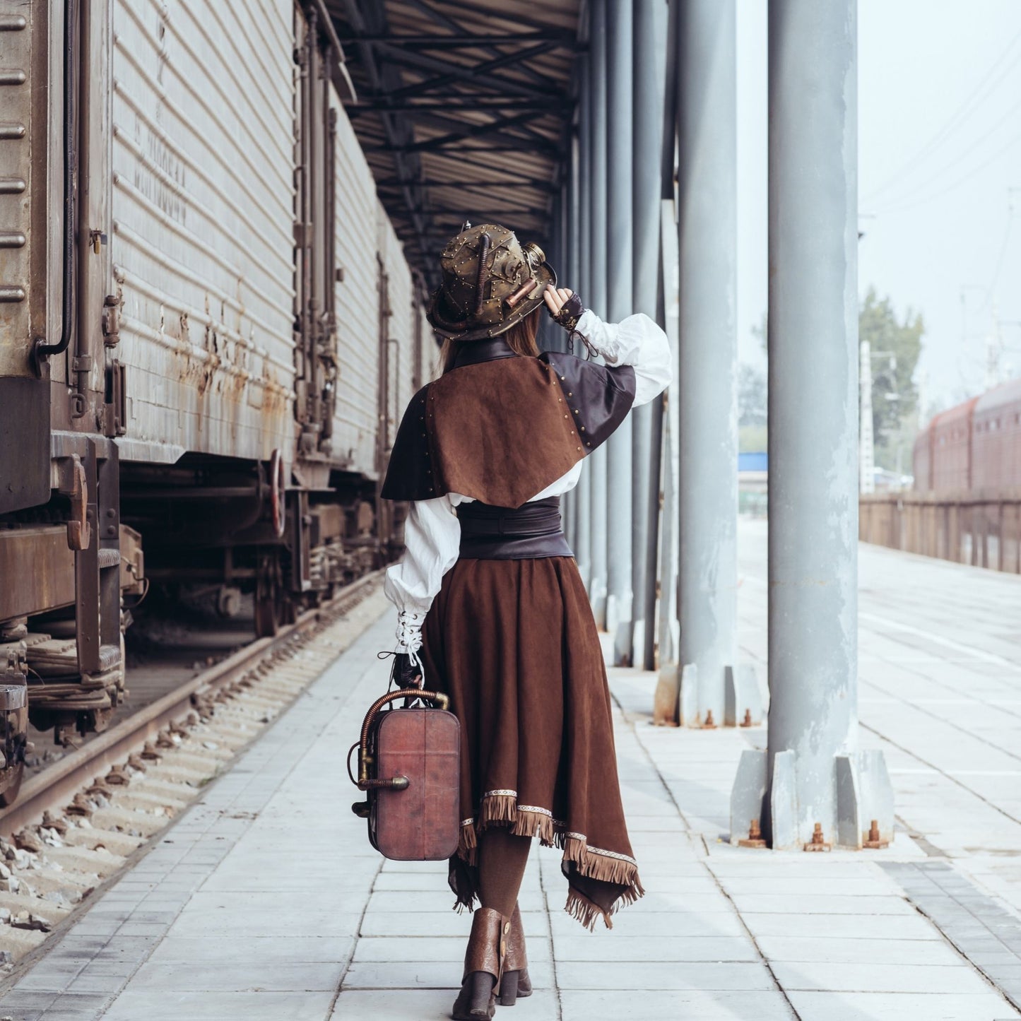 Steampunk vintage wooden travel suitcase