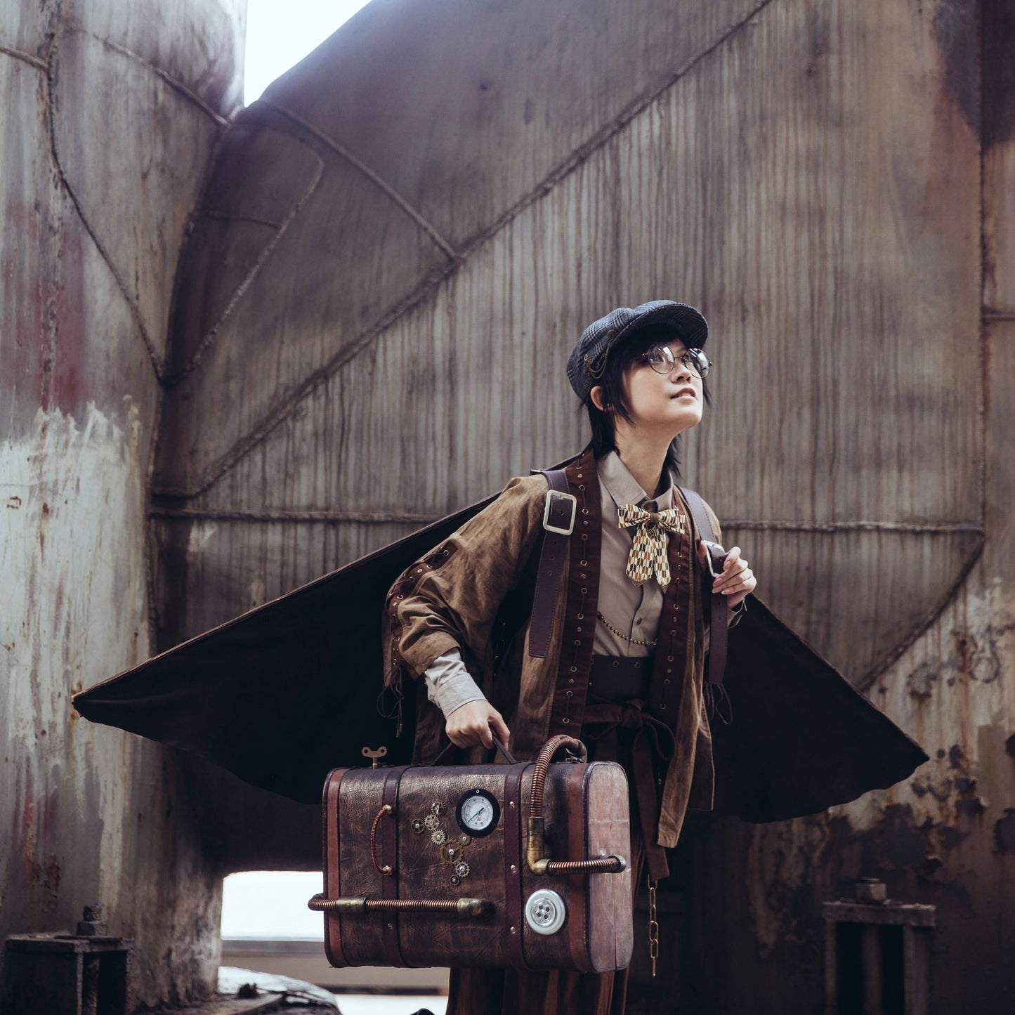 Steampunk vintage wooden travel suitcase