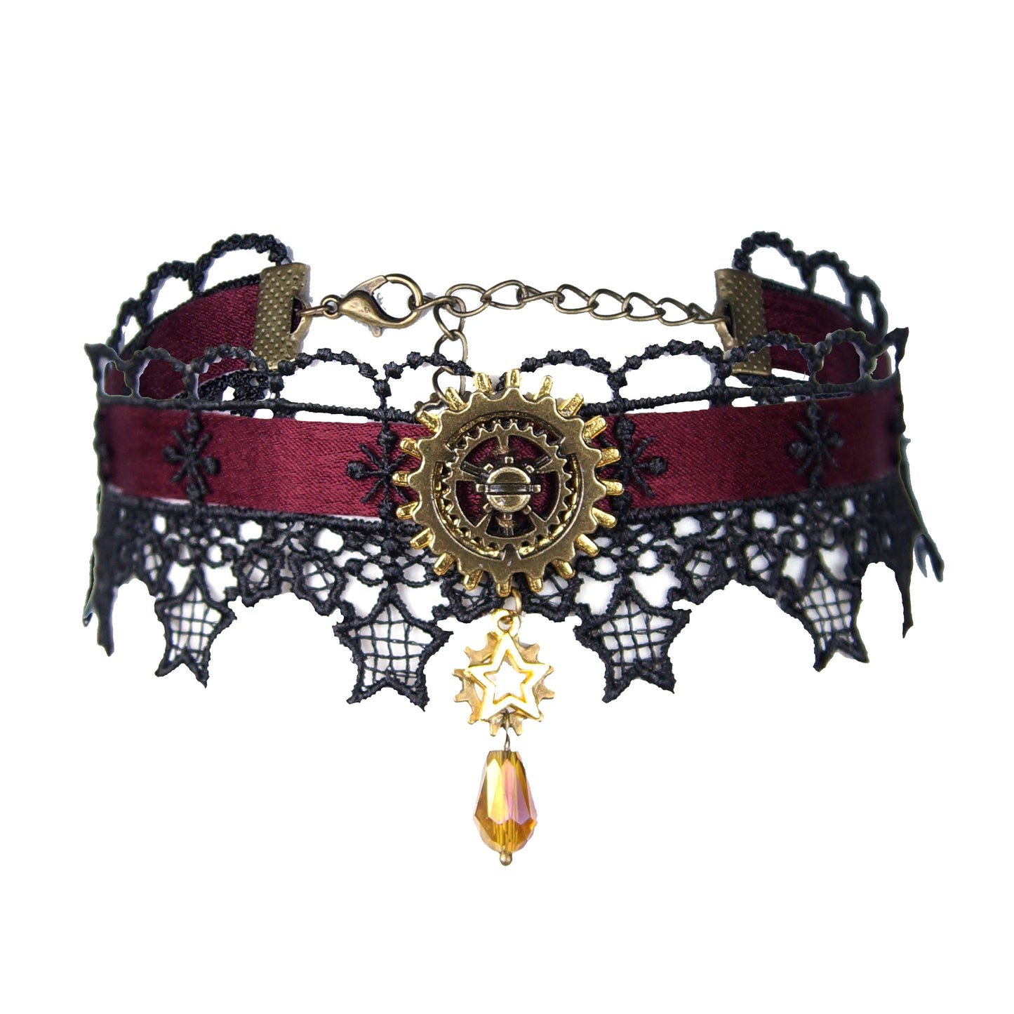 Steampunk Satin Ribbon Lace Choker (Burgundy)