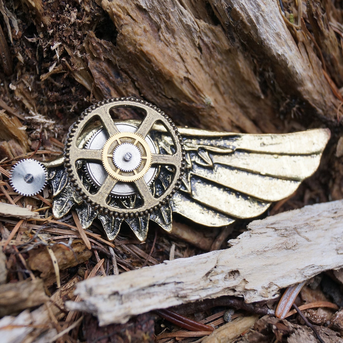 Winged Gear of Eternity Handcrafted Steampunk Metal Pin