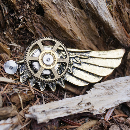 Winged Gear of Eternity Handcrafted Steampunk Metal Pin