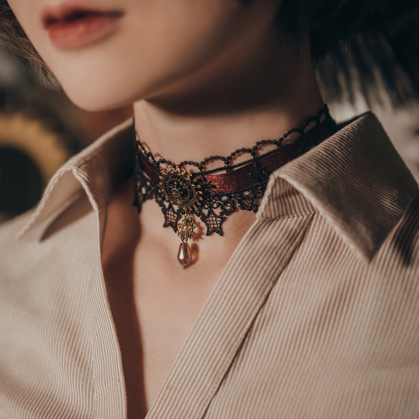 Steampunk Satin Ribbon Lace Choker (Burgundy)