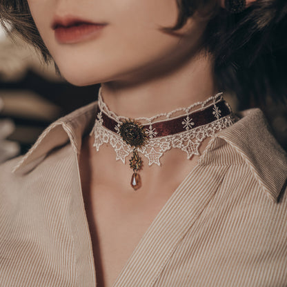 Steampunk Satin Ribbon Lace Choker (Burgundy)