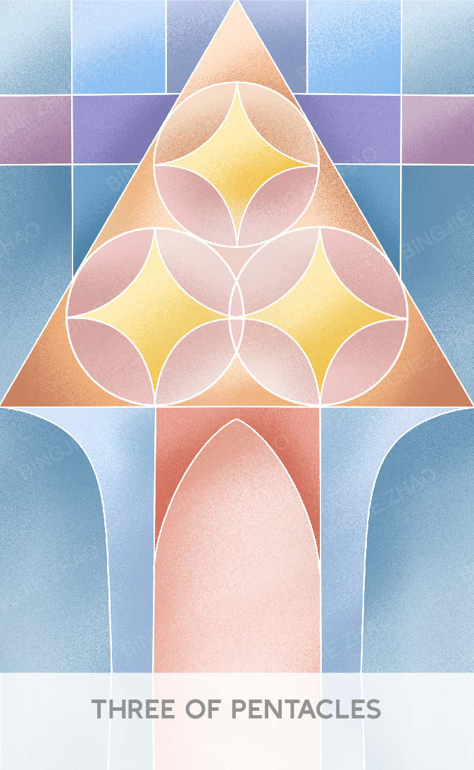 Geometric Dreamland Tarot – Three of Pentacles