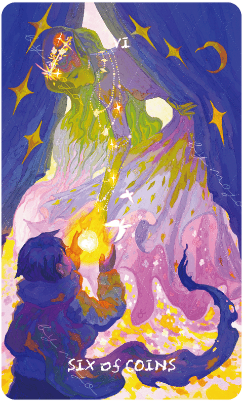 Lux & 78 Nocturnal Veils Tarot – Six of Coins
