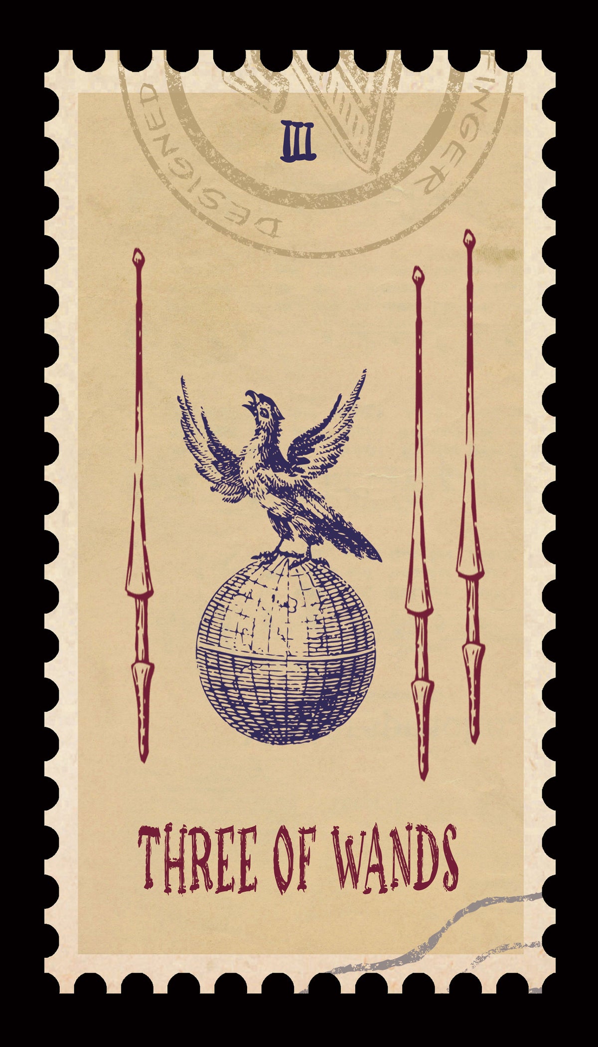 Vintage Stamp Tarot – Three of Wands
