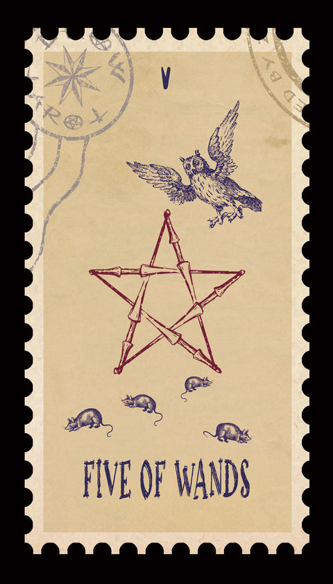 Vintage Stamp Tarot – Five of Wands