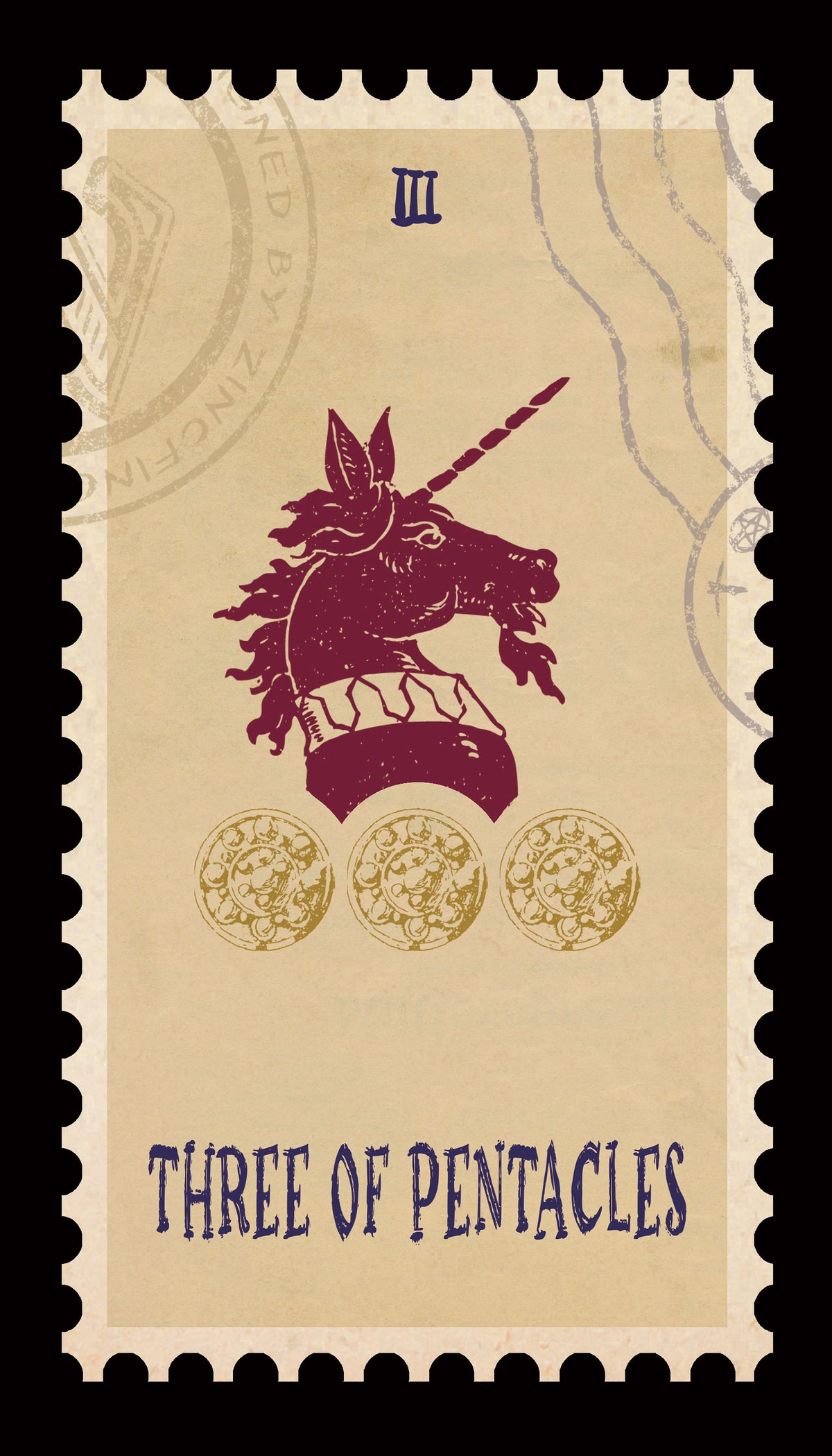 Vintage Stamp Tarot – Three of Pentacles