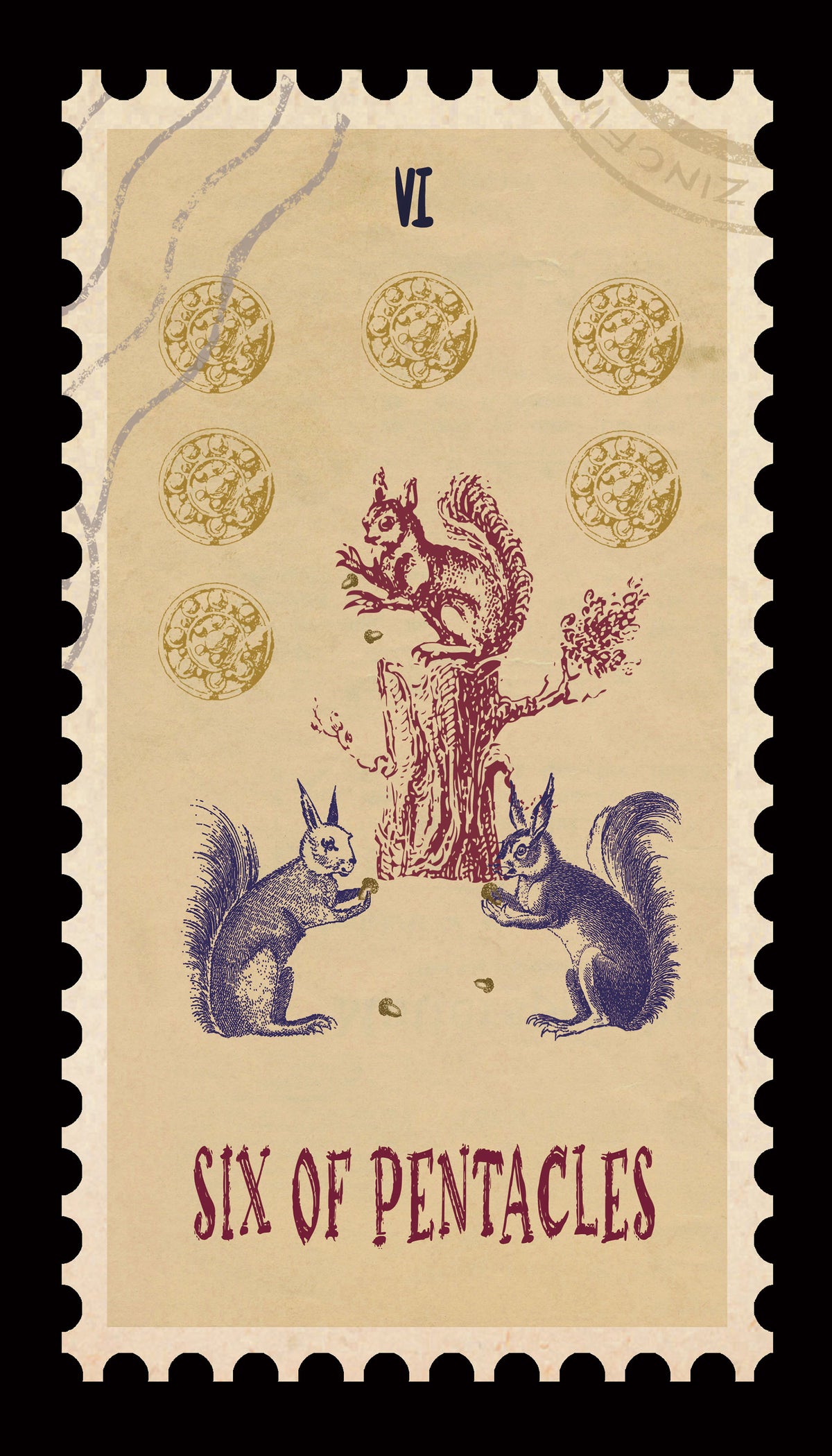 Vintage Stamp Tarot – Six of Pentacles