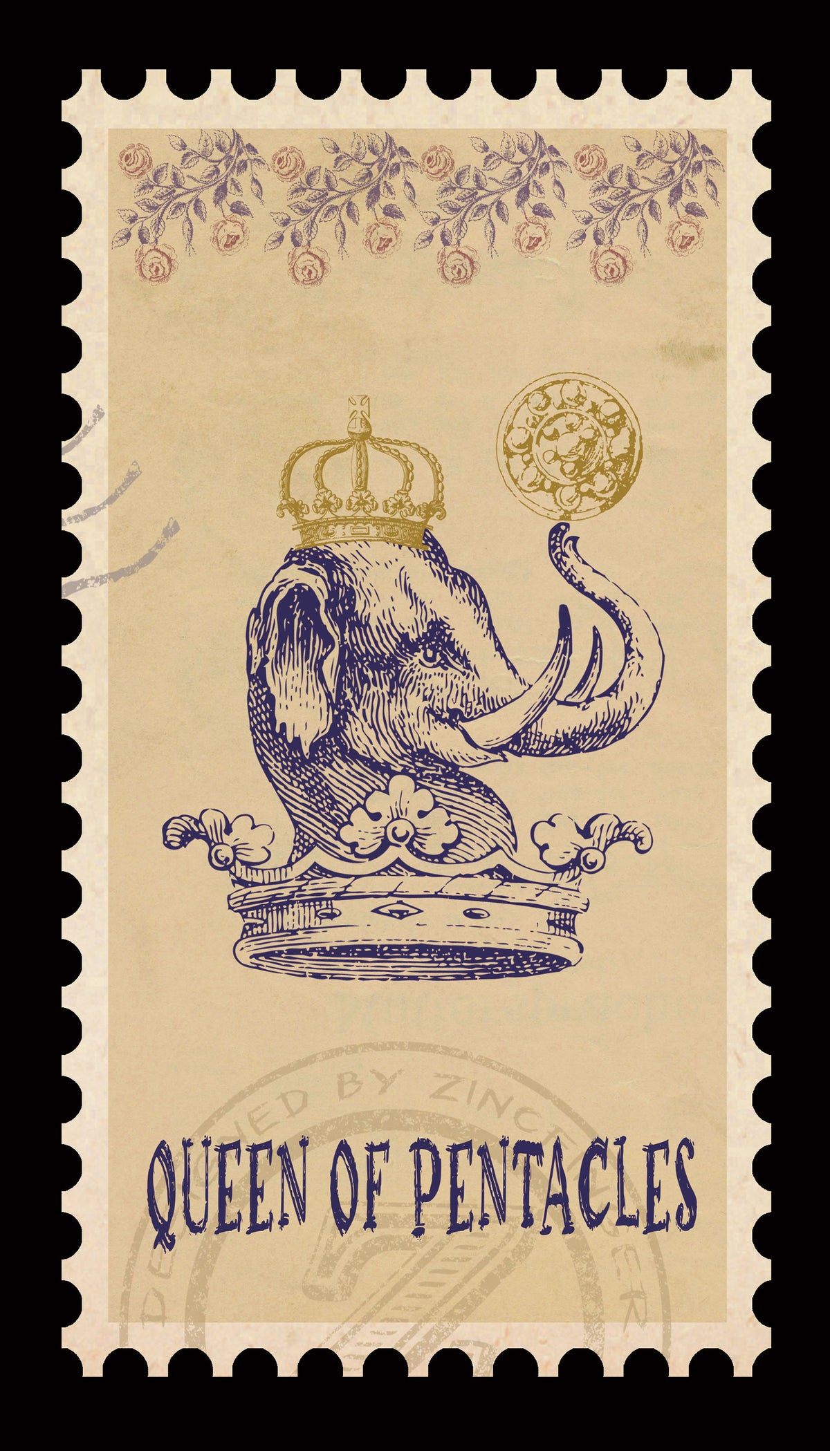 Vintage Stamp Tarot – Queen of Pentacles