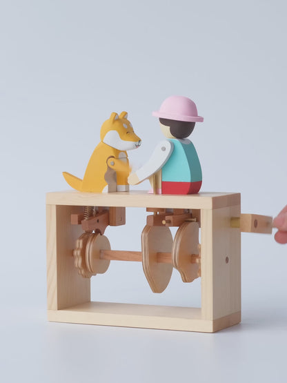 Handcrafted Wooden Automaton "Shake Hands, Good Dog - Shiba Inu"