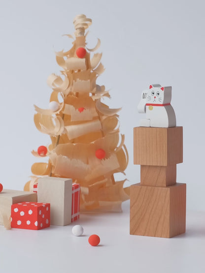 Wooden Automata Stamp "Lazy Lucky White Cat"