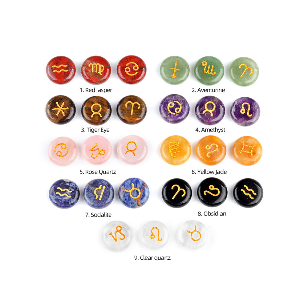 Zodiac Constellations Crystal Rune Stones (12-Piece, Round)