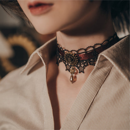 Steampunk Dark Red Satin Ribbon Lace Choker