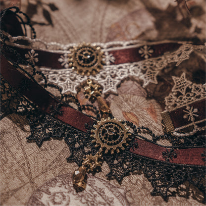 Steampunk Dark Red Satin Ribbon Lace Choker