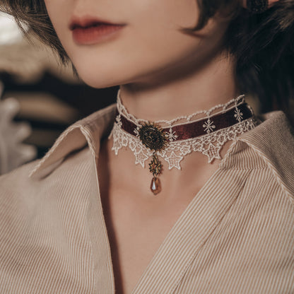 Steampunk Dark Red Satin Ribbon Lace Choker