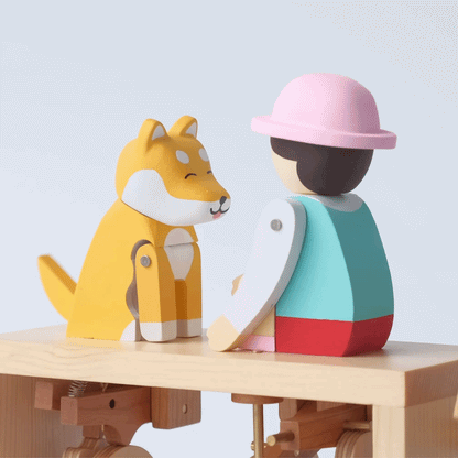 Handcrafted Wooden Automaton "Shake Hands, Good Dog - Shiba Inu"