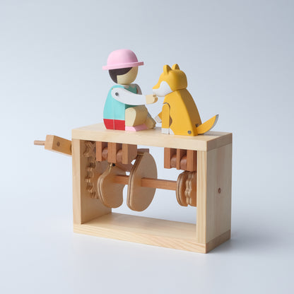 Handcrafted Wooden Automaton "Shake Hands, Good Dog - Shiba Inu"