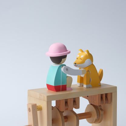 Handcrafted Wooden Automaton "Shake Hands, Good Dog - Shiba Inu"