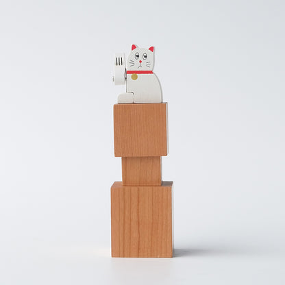 Wooden Automata Stamp "Lazy Lucky White Cat"